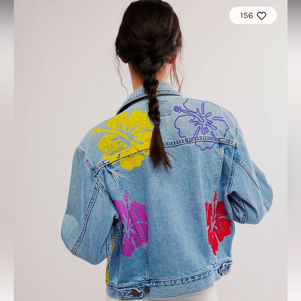 Free People Denim Jacket with Colorful Floral Design
